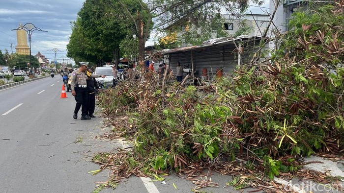 Dahan pohon tumbang timpa pemotor di Jalan Empunala, Kota Mojokerto.