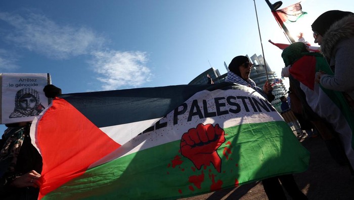 A flag is flown during a protest in support of Palestinians in Gaza, amid the ongoing conflict between Israel and Hamas, outside the European Parliament, in Strasbourg, France November 27, 2024. REUTERS/Yves Herman