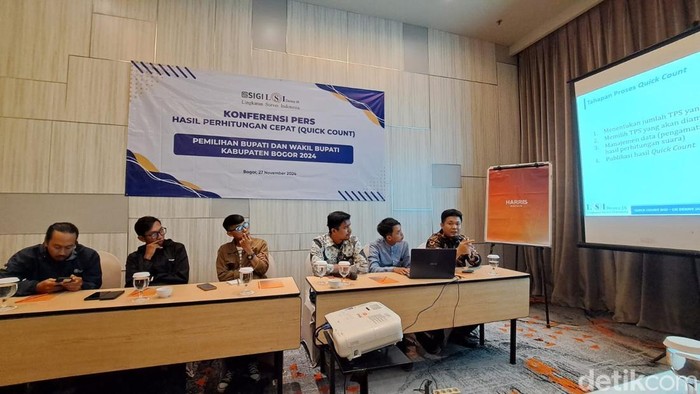 Lingkaran Survei Indonesia (LSI) Denny JA merilis hasil hitung cepat atau quick count pasangan calon (Paslon) Bupati Bogor dalam Pilkada Serentak 2024. (Rizky/detikcom).