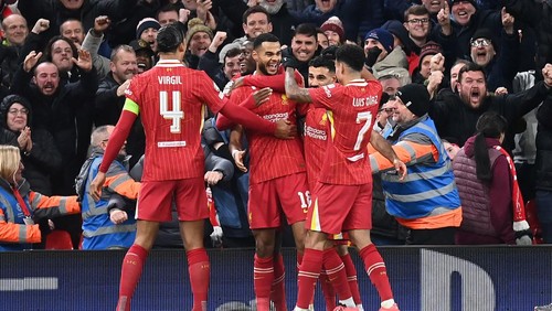 LIVERPOOL, ENGLAND - NOVEMBER 27: Liverpools Cody Gakpo  celebrates scoring his sides second goal  during the UEFA Champions League 2024/25 League Phase MD5 match between Liverpool FC and Real Madrid C.F. at Anfield on November 27, 2024 in Liverpool, England. (Photo by Richard Martin-Roberts - CameraSport via Getty Images)