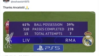 Carlo Ancelotti mulai banyak disorot dan semalam pun Real Madrid kalah total dalam statistik laga lawan Liverpool. Foto: X.com