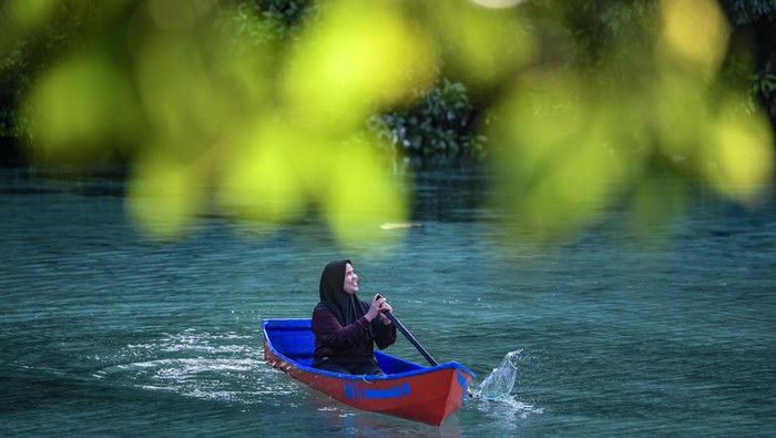 Pengunjung mendayung perahu di Laguna Kehe Daing, Pulau Kakaban, Berau, Kalimantan Timur, Rabu (27/11/2024). Kehe Daing atau lubang ikan yang merupakan destinasi wisata alam yang dikelola oleh kelompok sadar wisata (pokdarwis) Payung-payung dan Badan Usaha Milik Kampung (BUMK) Maratua Payung Sejahtera dengan pendampingan Yayasan Konservasi Alam Nusantara (YKAN) untuk menggaet wisatawan dalam dan luar negeri. ANTARA FOTO/M Risyal Hidayat/nym.