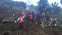 Evakuasi dilakukan di tengah kondisi medan yang sulit akibat intensitas hujan yang masih tinggi. Foto: AP/Irene Nakasiita
