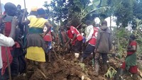 Tim Masyarakat Palang Merah Uganda (URCS) bekerja sama dengan otoritas setempat dan anggota masyarakat untuk mengevakuasi korban dari puing-puing longsoran. Foto: AP/Irene Nakasiita