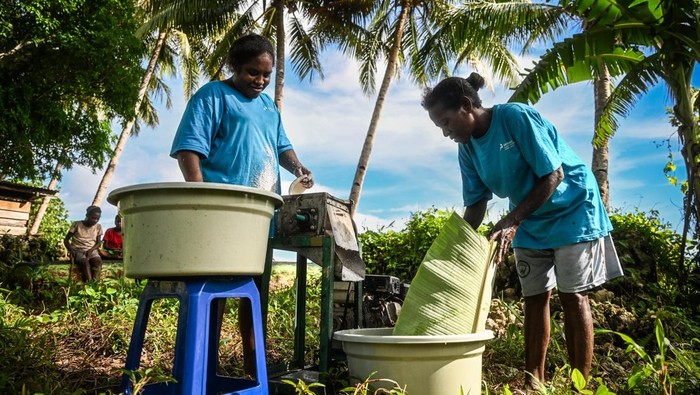 Warga memasukkan minyak yang dibuat dari kelapa di Kampung Kasimle, Distrik Seget, Kabupaten Sorong, Papua Barat Daya, Jumat (29/11/2024). PT Kilang Pertamina Internasional (KPI) Unit Kasim sejak 2022 membina kelompok perempuan di kampung tersebut untuk mengolah kelapa menjadi minyak yang setiap bulannya mampu memproduksi 40-50 liter minyak kelapa untuk konsumsi keluarga. ANTARA FOTO/Rivan Awal Lingga/app/YU