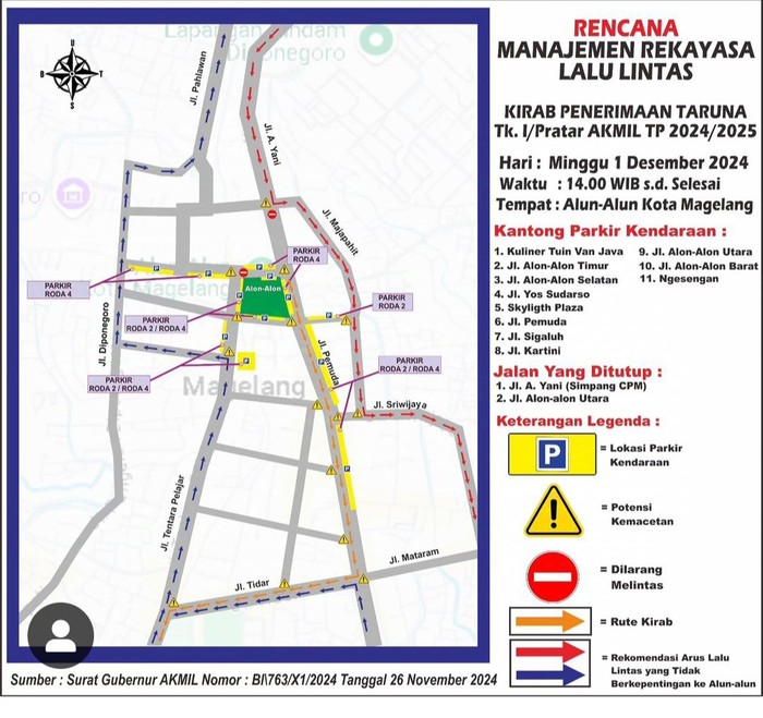 Rencana manajemen arus lalu lintas terkait kirab Taruna Akmil di Alun-alun Kota Magelang, Minggu (1/12/2024).