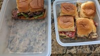 Seorang istri mengaku kapok setelah meminta tolong suaminya menyimpan sandwich sisa semalam. Enam potong sandwich disimpan pada wadah secara aneh. Foto: Bored Panda