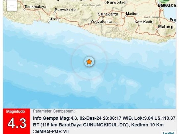 Gempa magnitudo (M) 4,3 di perairan Gunungkidul, Daerah Istimewa Yogyakarta (DIY) malam ini, pukul 23.06 WIB, Senin (2/12/2024).