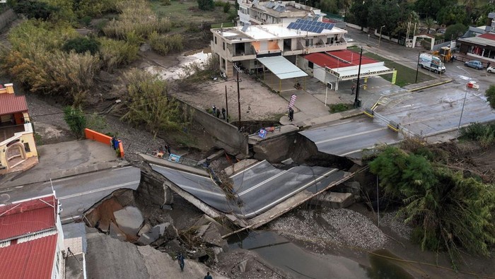 A drone view shows a damaged bridge following floods cause by Storm Bora, in Faliraki, on the island of Rhodes, Greece, December 2, 2024. REUTERS/Stelios Misinas