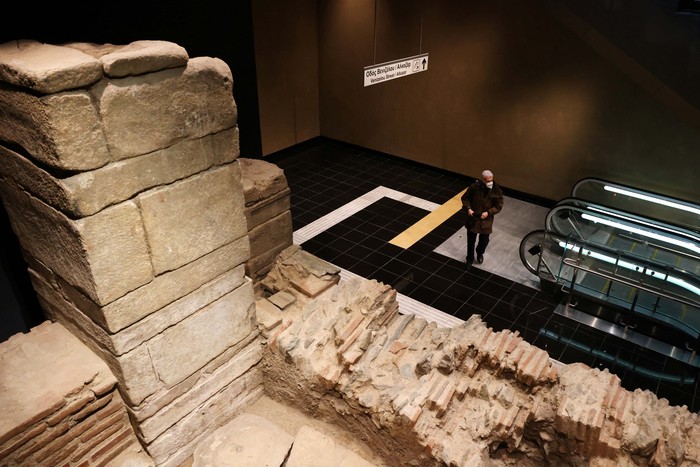 People view antiquities at Agias Sofias metro station on the first day of Thessalonikis metro commercial use in Thessaloniki, Greece, November 30, 2024. REUTERS/Alexandros Avramidis