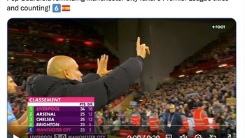 Acungan jari Guardiola untuk membungkam fans Liverpool tapi malah kena sindir. Foto: X.com