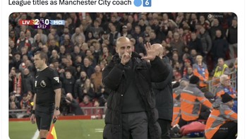 Fans Liverpool meneriakkan bahwa Pep Guardiola akan segera dipecat. Sebagai balasan, Guardiola mengacungkan 6 jari, jumlah titel Liga Inggris yang diraihnya bersama City. Foto: X.com