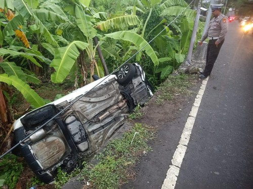 Mobil terperosok ke kebun pisang warga di Abiansemal, Badung, Bali, Senin (2/12/2024). (Foto: Istimewa)