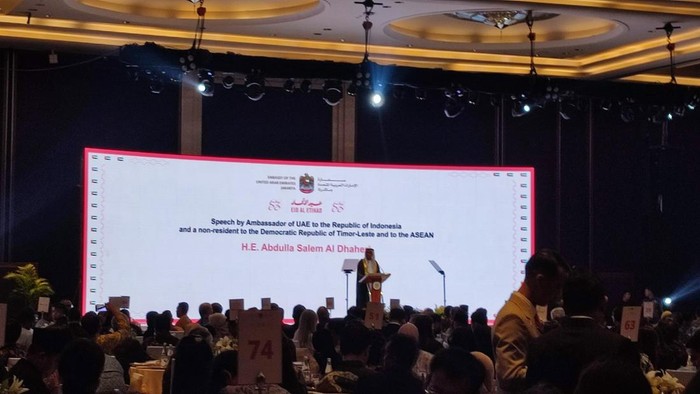Dubes Uni Emirat Arab (UEA), Abdulla Salem Al Dhaheri, di resepsi Nasional Day Uni Emirat Arab ke-53 di Hotel Raffles Jakarta, Selasa (3/11/2024).