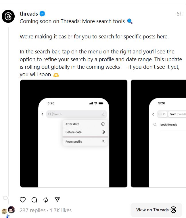 Tampilan fitur pencarian baru di Threads