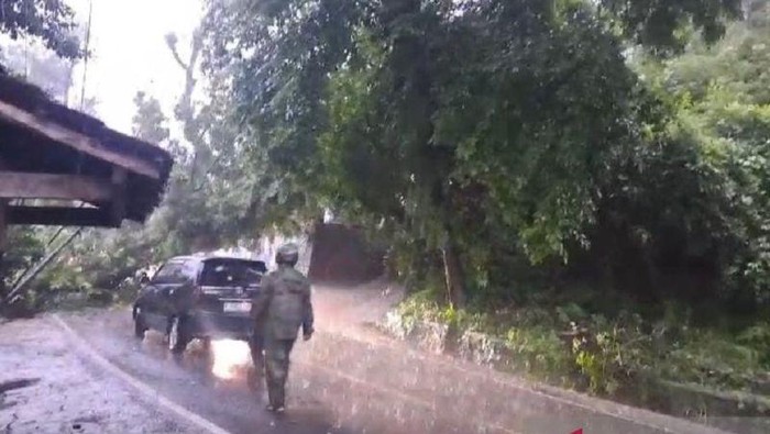 Material longsoran tebing tanah menutup akses jalan utama penghubung Sukabumi dengan Palabuhanratu tepatnya di Jalan Raya Bojonggaling, Kampung Bojonggaling, Desa/Kecamatan Bantargadung, Kabupaten Sukabumi, Jabar, pada Rabu (4/12/2024). ANTARA/Aditya A Rohman