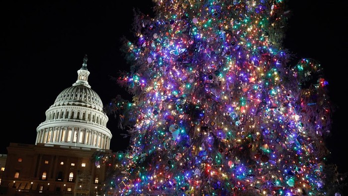 Pohon Natal Capitol dari Alaska Menerangi Washington DC The U.S. Capitol Christmas tree, an 80-foot Sitka spruce from the Tongass National Forest in Alaska, stands during the Capitol Christmas Tree lighting in Washington, U.S., December 3, 2024. REUTERS/Benoit Tessier