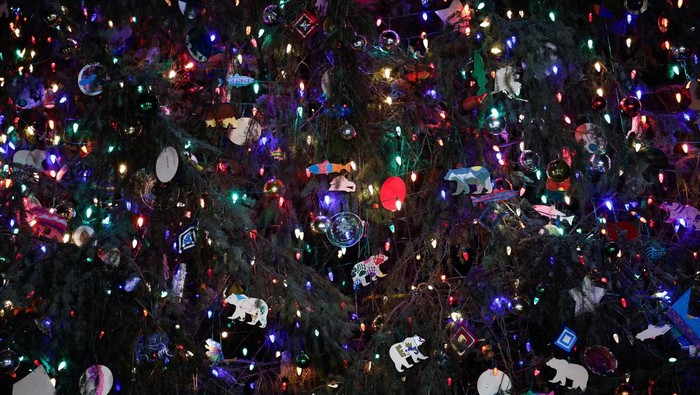 Pohon Natal Raksasa Mulai Hiasi Gedung Capitol AS The U.S. Capitol Christmas tree, an 80-foot Sitka spruce from the Tongass National Forest in Alaska, stands during the Capitol Christmas Tree lighting in Washington, U.S., December 3, 2024. REUTERS/Benoit Tessier