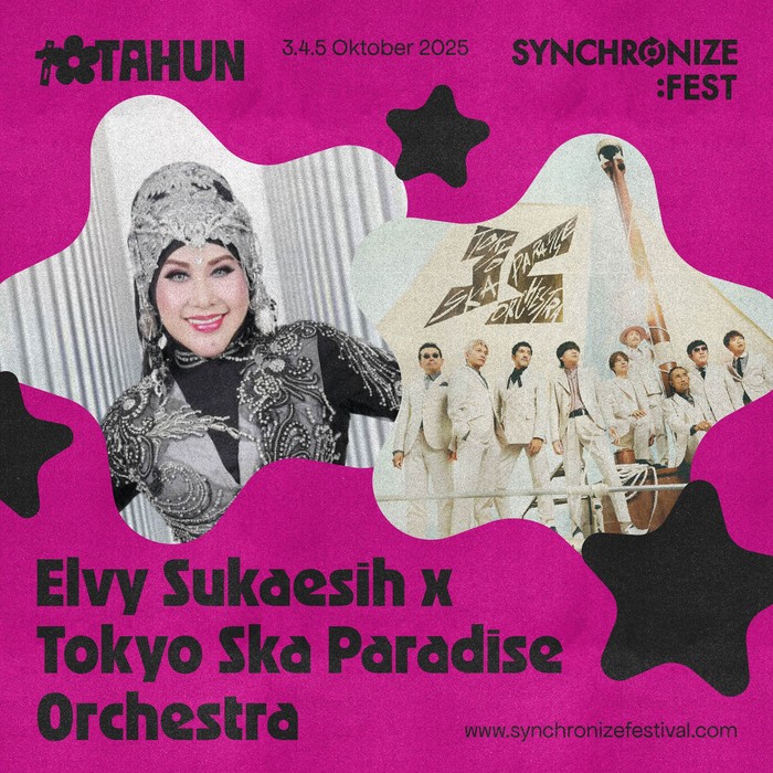 Synchronize Fest merayakan edisi ke-10 pada 3-5 Oktober 2025, menampilkan kolaborasi Elvy Sukaesih dan Tokyo Ska Paradise Orchestra.