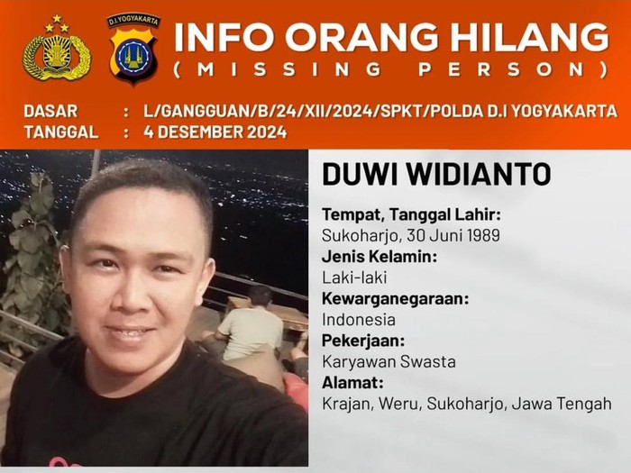 Tangkapan layar info orang hilang di akun Instagram Polda DIY, Kamis (5/12/2024).
