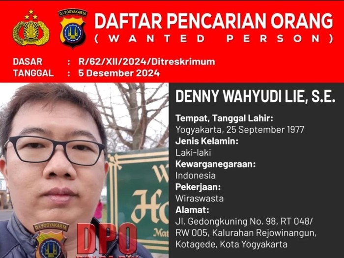 Tangkapan layar postingan Instagram Polda DIY soal buron kasus penipuan dan penggelapan di Jogja, Kamis (5/12/2024).