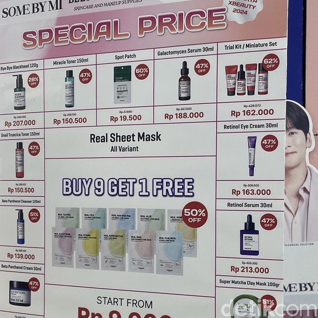 Di Jakarta X Beauty 2024, kamu juga bisa menemukan brand-brand Korea, termasuk Somebyme yang diskon hingga 50%. Toner diskon jadi Rp 150 ribuan, serum mulai dari Rp 188 ribu, pelembap Rp 180 ribu, dan masker Rp 9 ribu buy 9 get 1 free. Foto: Rahmi Anjani/Wolipop