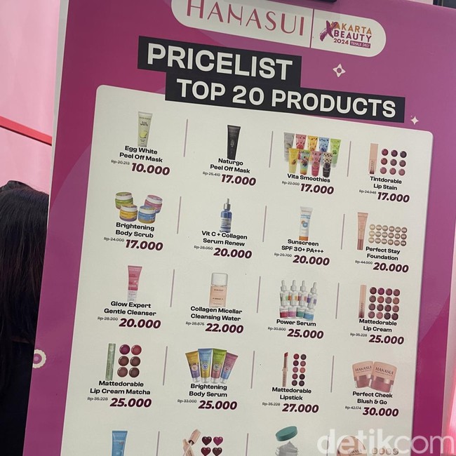 Produk skincare harga terjangkau ditawarkan Hanasui. Peel off mask dijual mulai dari Rp 10 ribu, power serum Rp 25 ribu, sunscreen Rp 33 ribu, cleanser Rp 20 ribu, dan lain-lain. Foto: Rahmi Anjani/Wolipop