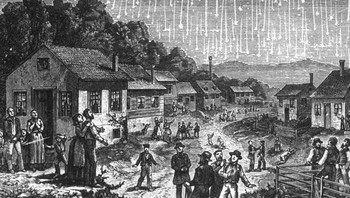 Pada tanggal 12 November 1833, terjadi hujan meteor yang begitu dahsyat sehingga orang dapat melihat hingga 100.000 meteor melintasi langit setiap jam. Banyak orang pada saat itu percaya bahwa itu adalah kiamat, sehingga Adolf Vollmy membuat ukiran kayu yang terinspirasi oleh peristiwa tersebut. Foto: historians via Bored Panda