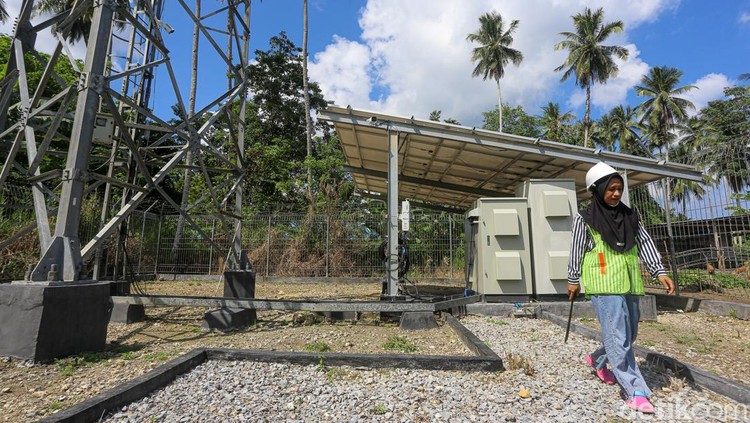 Teknisi mengecek tower Base Transceiver Station (BTS) di Wawonii, Konawe Kepulauan.