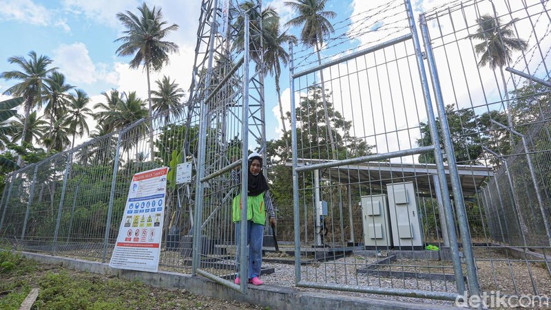 Teknisi mengecek tower Base Transceiver Station (BTS) di Wawonii, Konawe Kepulauan.