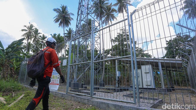 Teknisi mengecek tower Base Transceiver Station (BTS) di Wawonii, Konawe Kepulauan.
