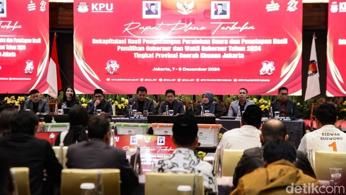 Potret Pleno Rekapitulasi Suara Hasil Pilgub Jakarta Ketua KPU DKI Wahyu Dinata memimpin langsung rapat pleno terbuka rekapitulasi suara Pilgub Daerah Khusus Jakarta di Hotel Sari Pacific, Jakarta, Sabtu (7/12/2024). Rekapitulasi berlangsung hingga hari Senin (9/12).