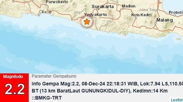 Gempa M 2,2 di Gunungkidul, Minggu (8/12/2024) pukul 22.18 WIB.