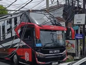 Bus Bali United Tersangkut Kabel Saat Menuju Bandara Ngurah Rai