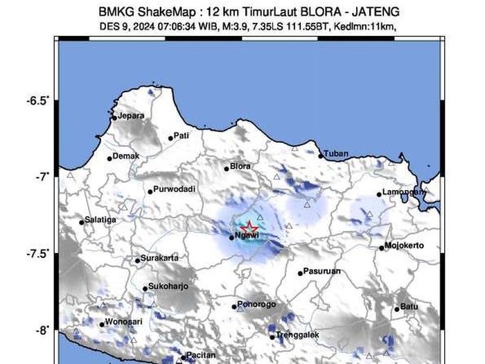 Gempa bumi M 3,9 pukul 07.06 WIB terasa di wilayah Blora dan sekitarnya pagi ini, Senin (9/12/2024)