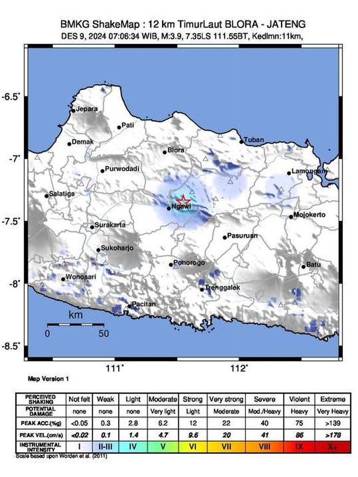 Data grafis gempa yang terasa di Blora Jawa Tengah, Senin (9/12/2024).