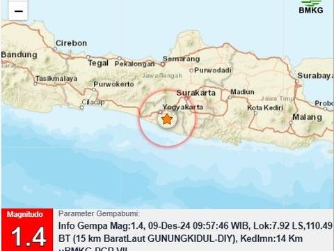 Data gempa yang tercatat seismometer Stasiun Geofisika BMKG DIY, Senin (9/12/2024).