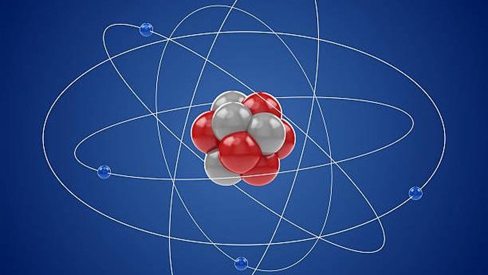 Planetary model of atom made of elementary particles: electrons, neutrons and protons. Atomic physics, chemistry, nuclear power and energy concept.