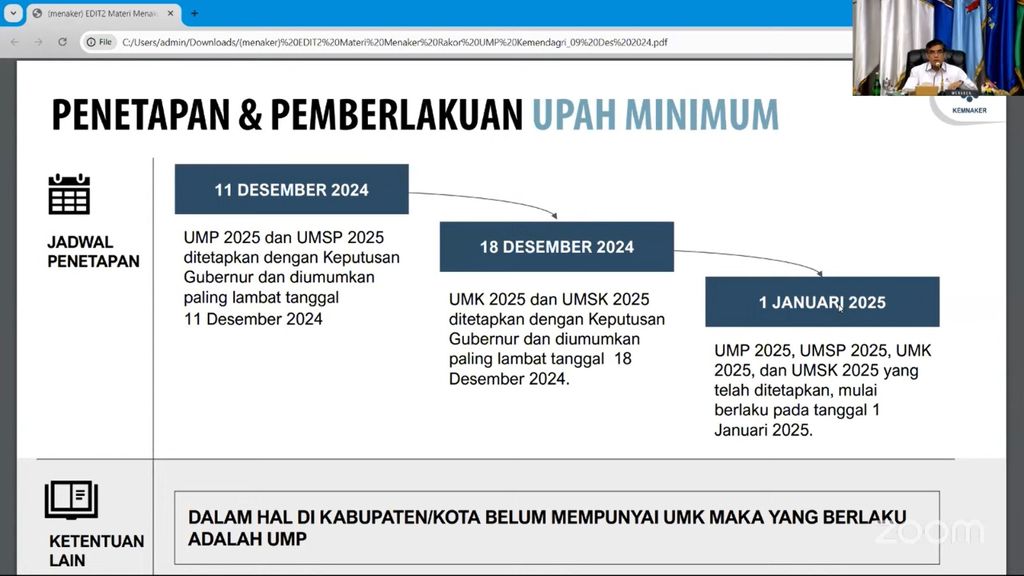 Menaker Yassierli menjelaskan kebijakan Upah Minimum tahun 2025 saat Rapat Koordinasi Pengendalian Inflasi dirangkaikan dengan Sosialisasi Kebijakan Upah Minimum 2025, Senin (9/12/2024), diantaranya dihadiri Mendagri Tito Karnavian, Mendag Budi Santoso. (Tangkapan Layar Youtube Kemendag RI)