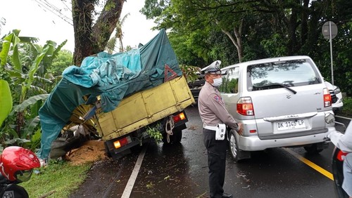 Truk bermuatan jagung menabrak pohon di Jalan Denpasar-Gilimanuk, Jalan Denpasar-Gilimanuk, Banjar Dinas Jelijih, Desa Megati, Kecamatan Selemadeg Timur, Tabanan, Senin (9/12/2024). (Dok. Polsek Selemadeg Timur)