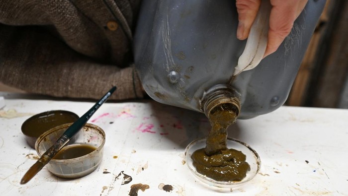 The Bavarian artist Werner Haertl paints with cow dung in his atelier in Reichersbeuern, Germany, December 4, 2024. REUTERS/Angelika Warmuth