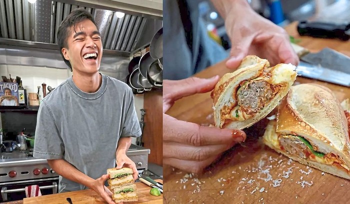 A simple tomato sauce is part of Nonnas meatball sandwich.