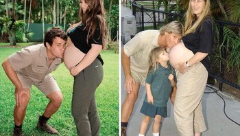 Bindi Irwin saat mencium calon anaknya dalam kandungan sang istri vs dirinya dalam kandungan ibu. Foto: Boredpanda