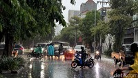 Petugas menutup sementara Jalan Kertajaya menuju Jalan Manyar saat proses evakuasi pohon yang tumbang melintang.