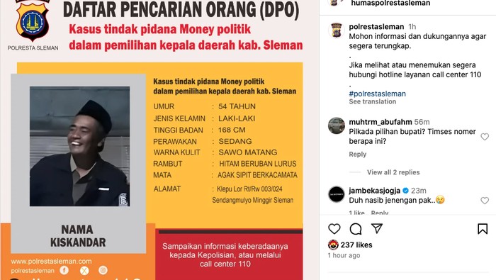 Tersangka politik uang Pilkada Sleman Jadi DPO.