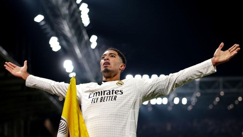 BERGAMO, ITALY - DECEMBER 10: Jude Bellingham of Real Madrid celebrates after scoring to give the side a 3-1 lead during the UEFA Champions League 2024/25 League Phase MD6 match between Atalanta BC and Real Madrid C.F. at Stadio di Bergamo on December 10, 2024 in Bergamo, Italy. (Photo by Jonathan Moscrop/Getty Images)