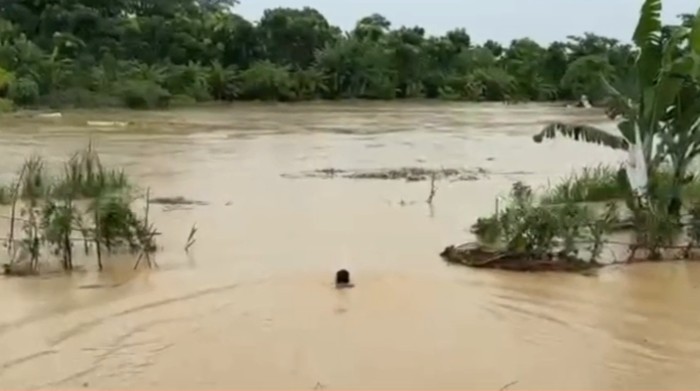 Potret Briptu Johannes Sibarani saat berenang di tengah banjir Deli Serdang untuk mengevakuasi lansia 70 tahun.