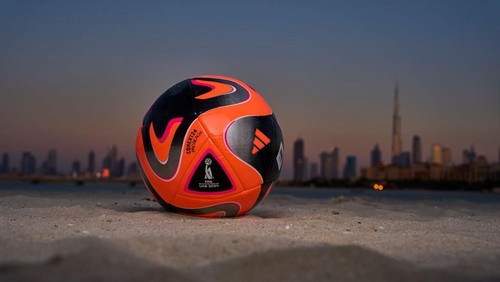 DUBAI, UNITED ARAB EMIRATES - FEBRUARY 21: The official adidas match ball Conex24  is captured  during the FIFA Beach Soccer World Cup UAE 2024 portrait shoot on February 21, 2024 in Dubai, United Arab Emirates. (Photo by Aitor Alcalde - FIFA/FIFA via Getty Images)