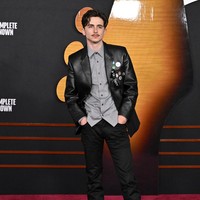 Aktor 28 tahun ini mengenakan blazer kulit hitam dengan aksen lencana dan pin yang memberi kesan edgy dan modern. Jas dipadukan dengan kemeja abu-abu berpotongan clean tanpa dasi, memberikan tampilan semi-formal yang tetap necis. Foto: Axelle/Bauer-Griffin/FilmMagic