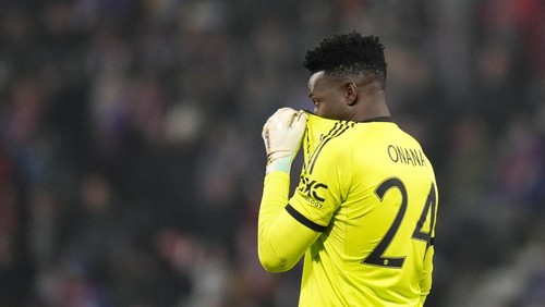 Manchester Uniteds goalkeeper Andre Onana reacts during the Europa League soccer match between Viktoria Plzen and Manchester United at the Doosan Arena in Plzen, Czech Republic, Thursday, Dec. 12, 2024. (AP Photo/Petr David Josek)